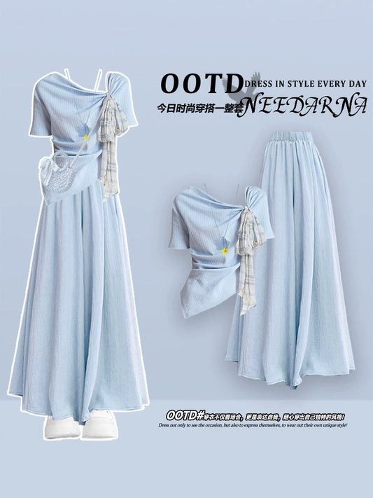 Summer dopamine unique beautiful slightly fat waist small skirt suit 2025 super good-looking blue dress