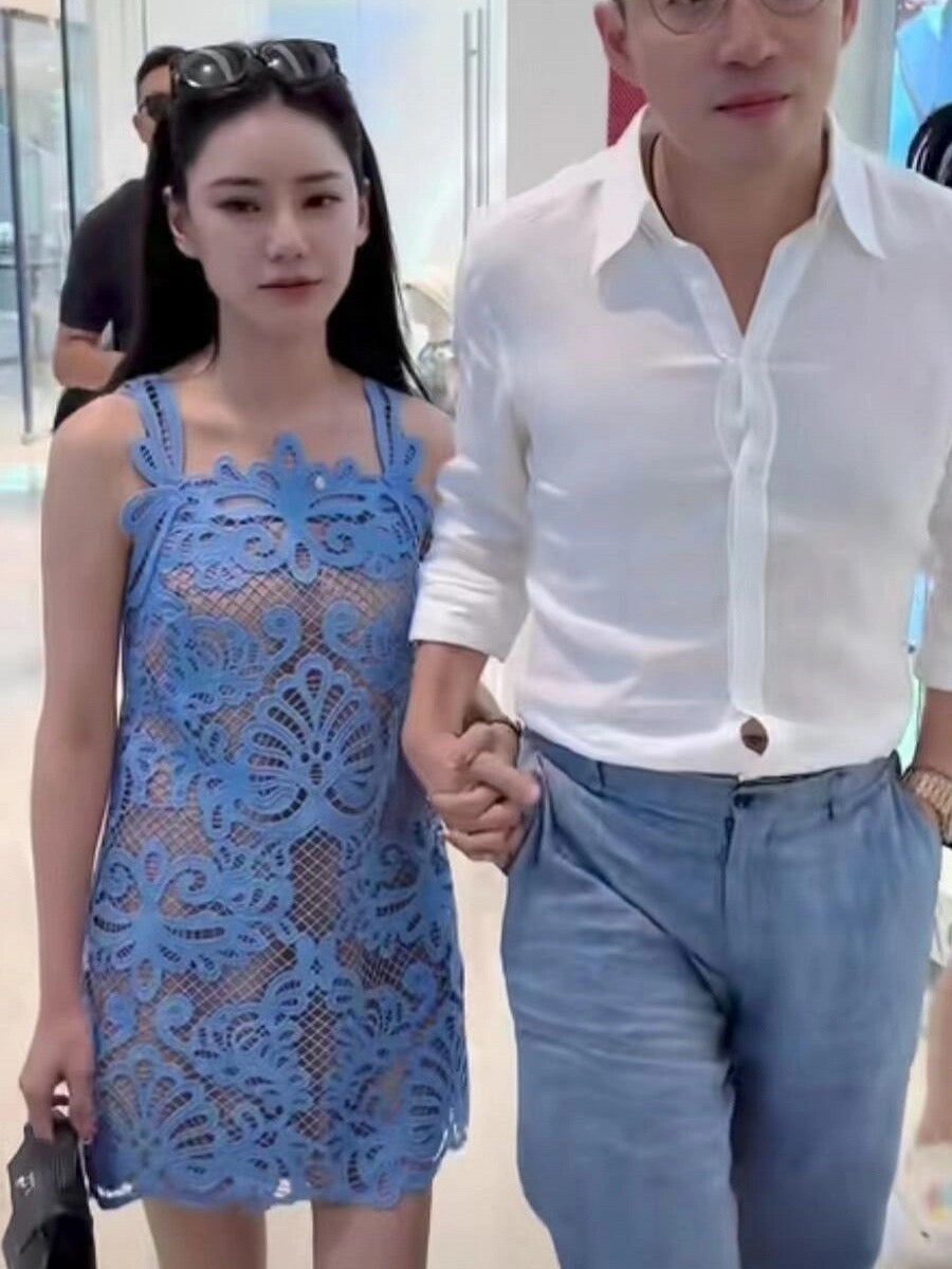 Water-soluble lace A-line white suspender dress for women summer 2024 new style Wang Xiaofei and Ma Xiaomei same style blue