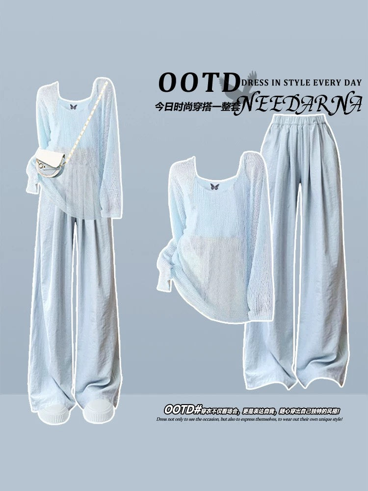 Mela blue contrast color outfit suit spring women's 2025 new dopamine early spring with a complete set of Korean style