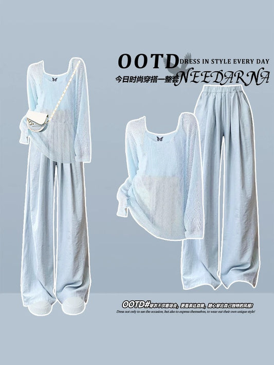 Mela blue contrast color outfit suit spring women's 2025 new dopamine early spring with a complete set of Korean style
