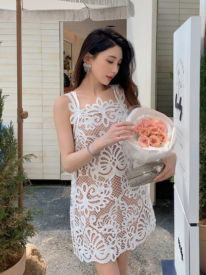 Water-soluble lace A-line white suspender dress for women summer 2024 new style Wang Xiaofei and Ma Xiaomei same style blue