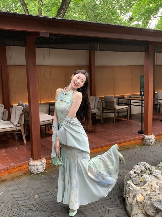 New Chinese style national style EIA Yiyao [Qingshan Yuandai] gentle and cool smudged dress women's summer fishtail skirt