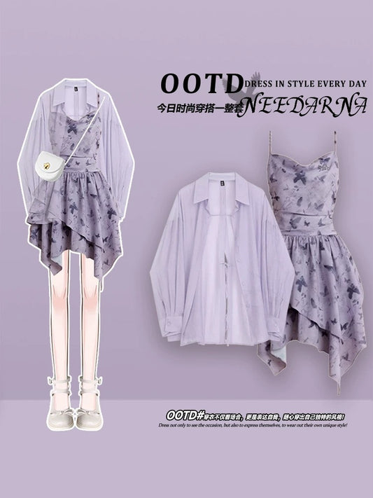 Purple concert outfit dopamine shirt skirt female early summer 2025 new retro butterfly suspender dress