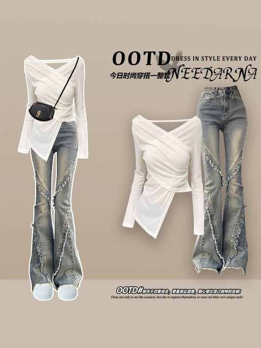Show your figure sexy hot girl knitted suit female 2025 new bell-bottom pants open spring wear a complete set of Korean style