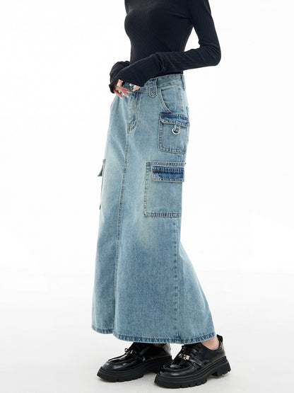 EDX American workwear denim skirt for women 2024 new spring and autumn retro niche high-waist slim a-line skirt 7602