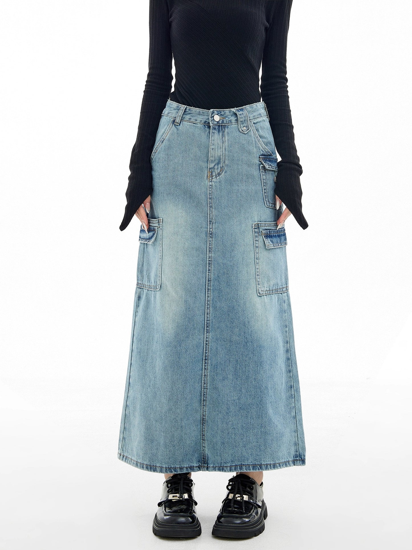 EDX American workwear denim skirt for women 2024 new spring and autumn retro niche high-waist slim a-line skirt 7602