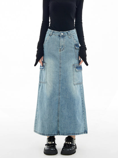 EDX American workwear denim skirt for women 2024 new spring and autumn retro niche high-waist slim a-line skirt 7602