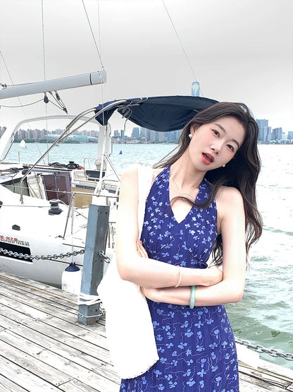 New Chinese style national style EIA Yiyao [Lusi skirt] French retro halterneck dress for women summer floral long skirt