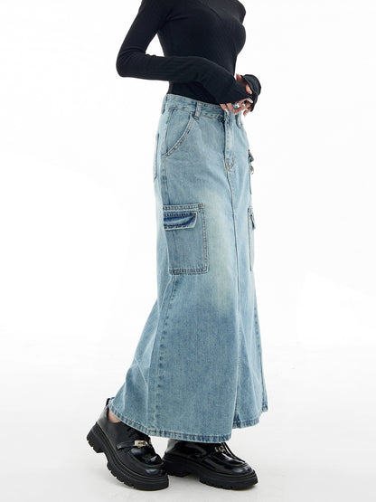 EDX American workwear denim skirt for women 2024 new spring and autumn retro niche high-waist slim a-line skirt 7602
