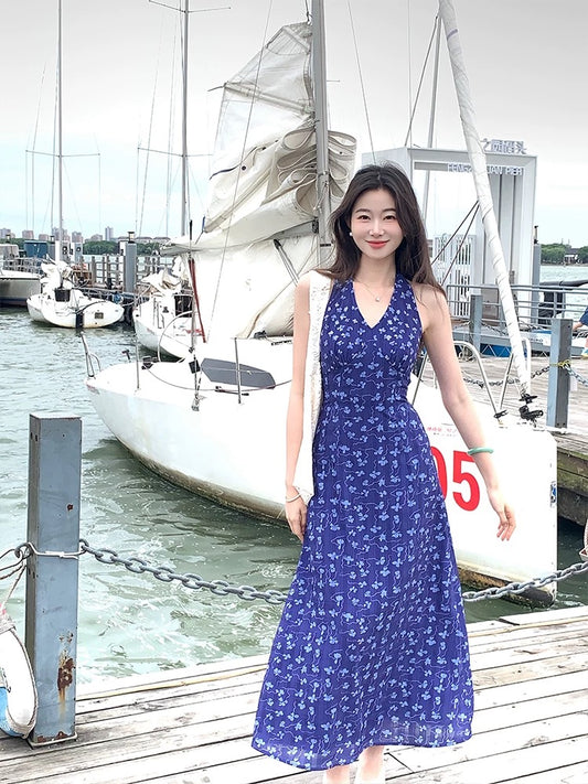 New Chinese style national style EIA Yiyao [Lusi skirt] French retro halterneck dress for women summer floral long skirt