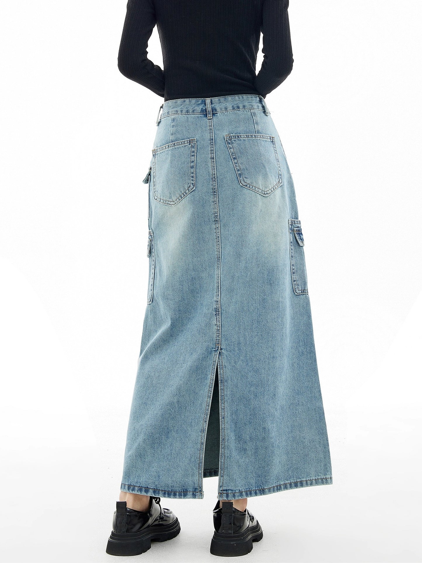 EDX American workwear denim skirt for women 2024 new spring and autumn retro niche high-waist slim a-line skirt 7602