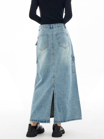 EDX American workwear denim skirt for women 2024 new spring and autumn retro niche high-waist slim a-line skirt 7602