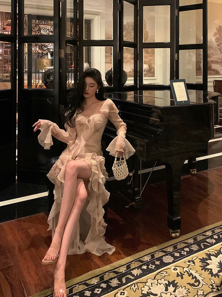 Godfrey ruffled elegant dress women's 2024 spring new niche design temperament irregular long skirt