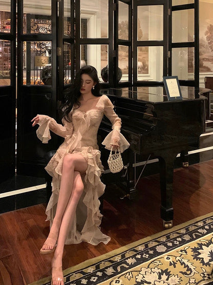 Godfrey ruffled elegant dress women's 2024 spring new niche design temperament irregular long skirt