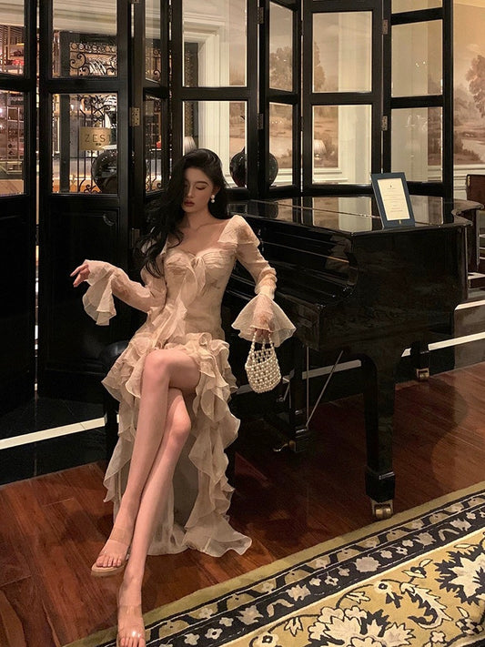 Godfrey ruffled elegant dress women's 2024 spring new niche design temperament irregular long skirt