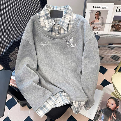 Korean-style preppy butterfly embroidered long-sleeved sweatshirt for women, autumn and winter, two-piece plaid shirt with polo collar.
