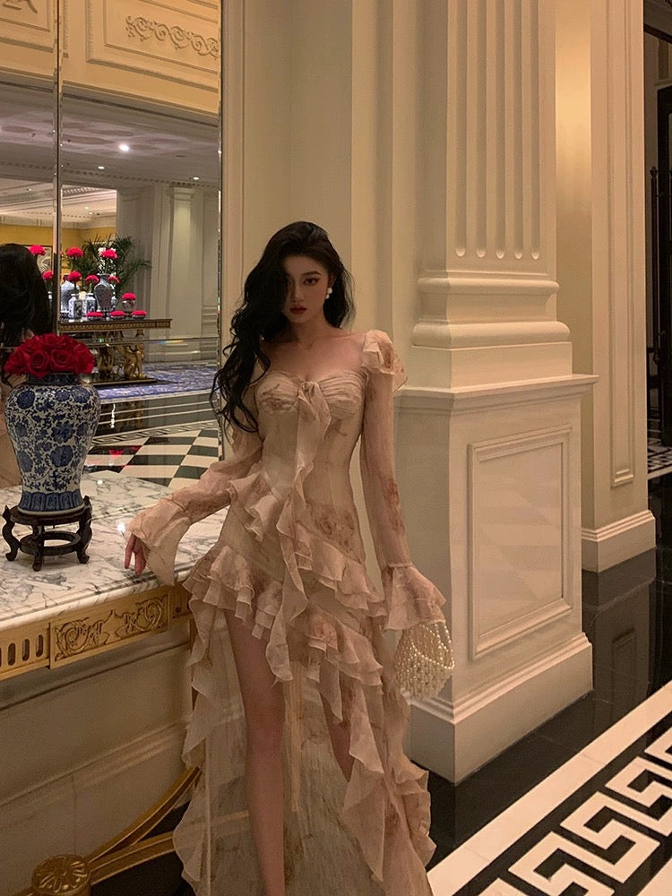 Godfrey ruffled elegant dress women's 2024 spring new niche design temperament irregular long skirt