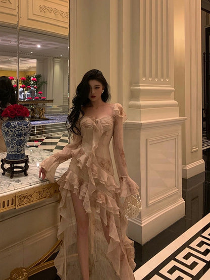 Godfrey ruffled elegant dress women's 2024 spring new niche design temperament irregular long skirt