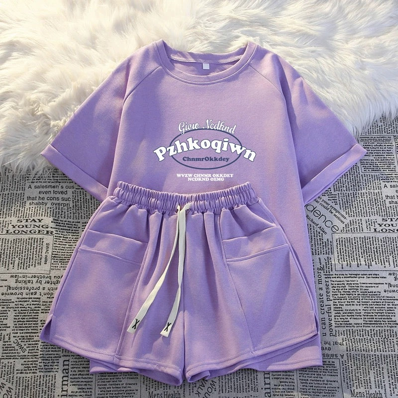 Short-sleeved shorts casual two-piece suit for small women summer new style internet celebrity student fashion running sports loose