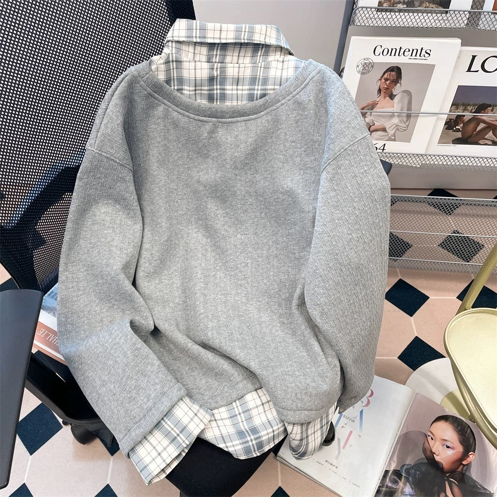 Korean-style preppy butterfly embroidered long-sleeved sweatshirt for women, autumn and winter, two-piece plaid shirt with polo collar.