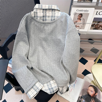 Korean-style preppy butterfly embroidered long-sleeved sweatshirt for women, autumn and winter, two-piece plaid shirt with polo collar.