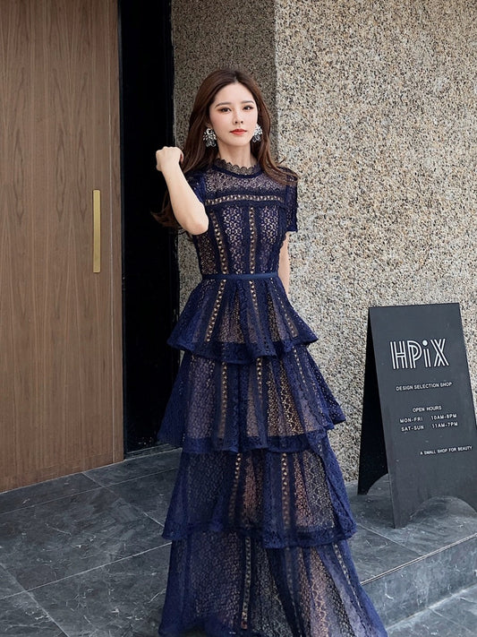 Cake long skirt for women 2024 new temperament British style exquisite lace navy blue short-sleeved dress evening dress
