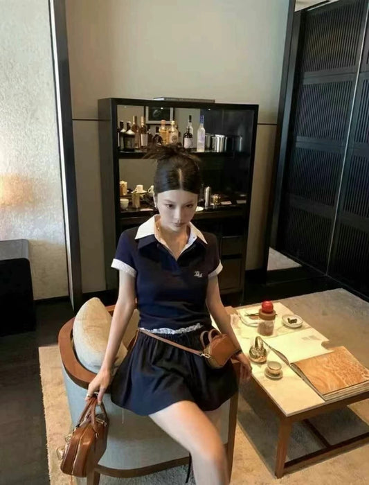 2025 Summer Women's American College Style Polo Neck Short Sleeve Top Skirt Two-piece Suit for Age-reducing Small People