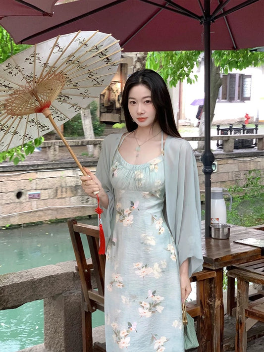 New Chinese style retro EIA Yiyao [Youlan Lu] blooming suspender dress for women summer slimming long skirt