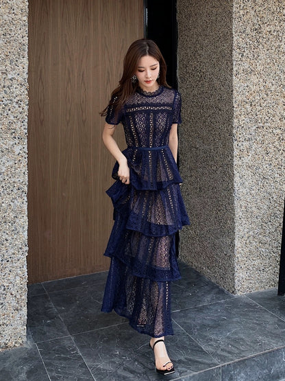 Cake long skirt for women 2024 new temperament British style exquisite lace navy blue short-sleeved dress evening dress