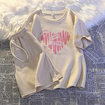 Casual sportswear suit for female summer students, loose short-sleeved T-shirt + shorts, salt-based small man running two-piece set