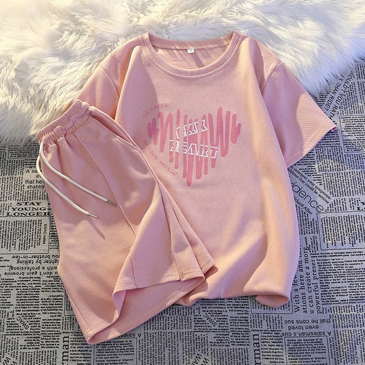 Casual sportswear suit for female summer students, loose short-sleeved T-shirt + shorts, salt-based small man running two-piece set