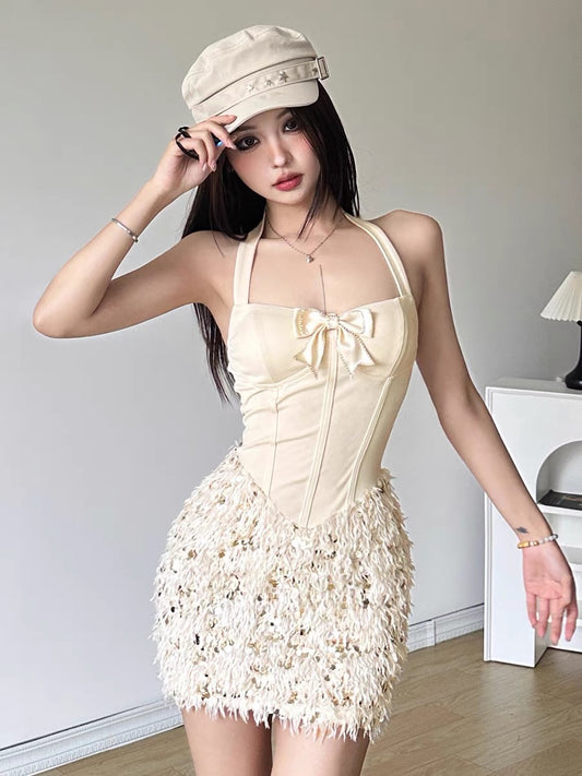 #Sisjuly#Artistic and elegant cream-colored plush patchwork waist halterneck dress for women, versatile hip-hugging skirt