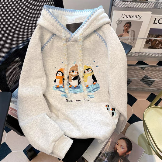 2025 New Style Heavy Embroidery Penguin Hoodie for Women, Spring and Autumn, High-End, Stylish, Unique, and Exquisite Hooded Jacket Top