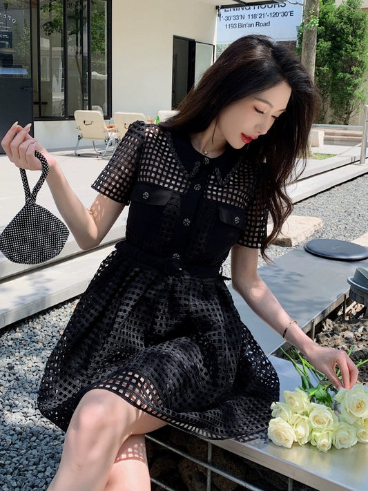 Hand-beaded plaid lace slim-fitting short black Hepburn dress high-end heavy-duty sexy little black dress