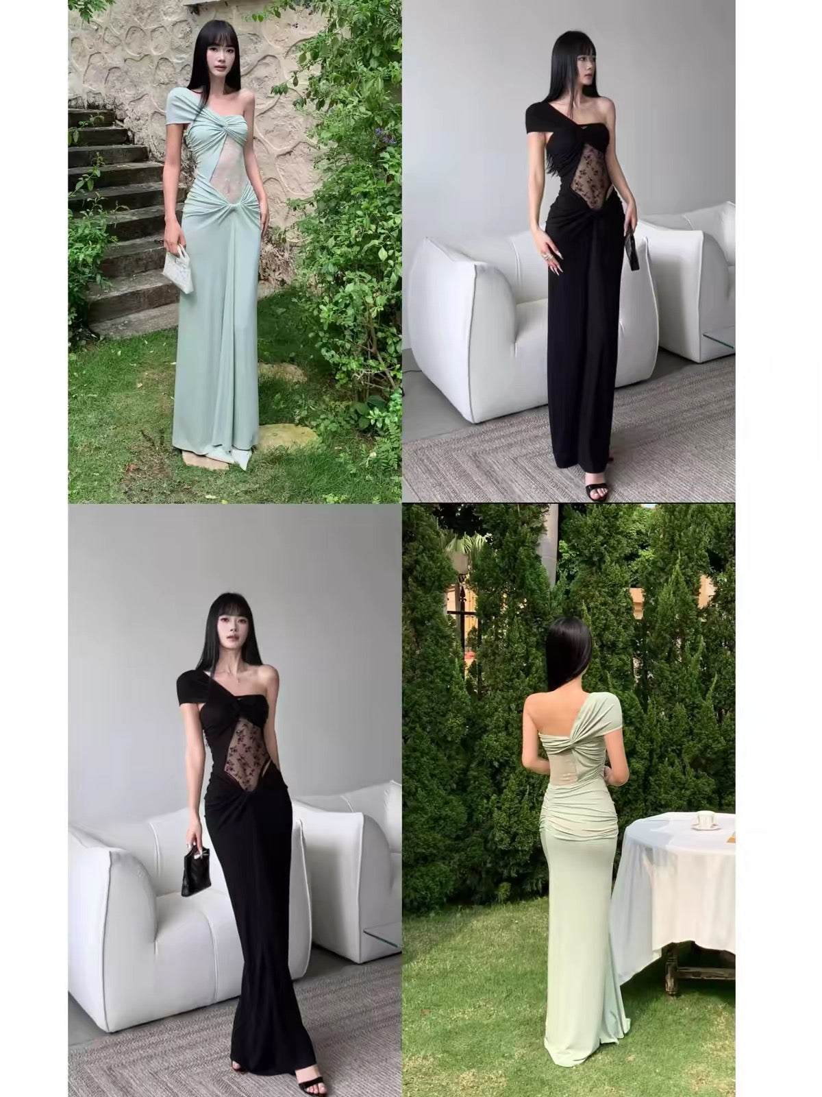 VENUIE Pea-green formal dress—stunning for beach vacation photos; a French-style maxi dress perfect for Sanya.