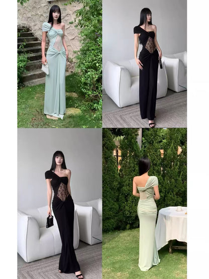 VENUIE Pea-green formal dress—stunning for beach vacation photos; a French-style maxi dress perfect for Sanya.