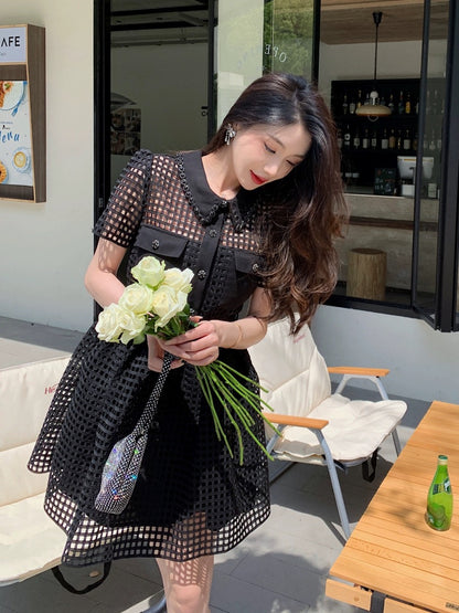 Hand-beaded plaid lace slim-fitting short black Hepburn dress high-end heavy-duty sexy little black dress