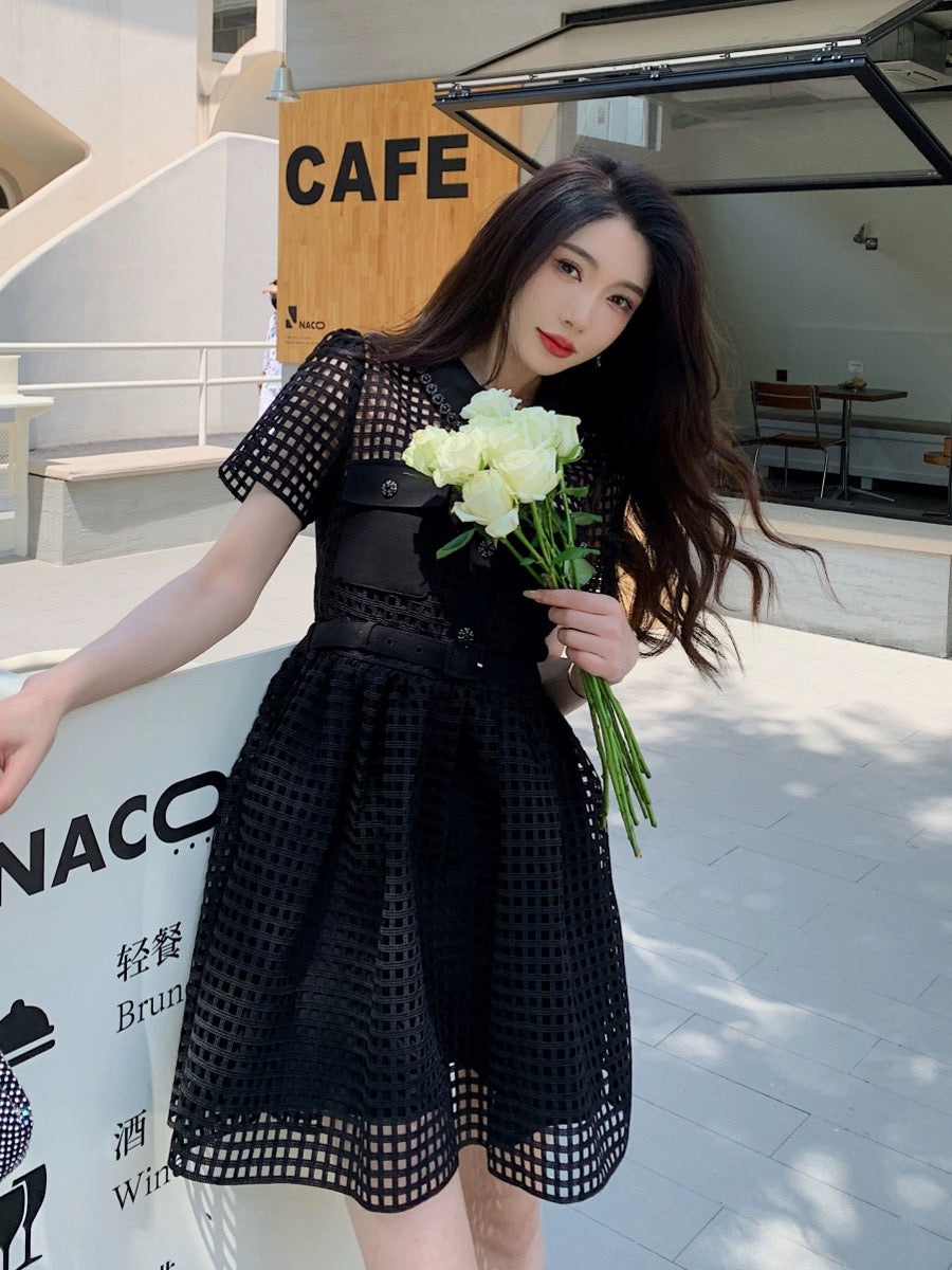 Hand-beaded plaid lace slim-fitting short black Hepburn dress high-end heavy-duty sexy little black dress
