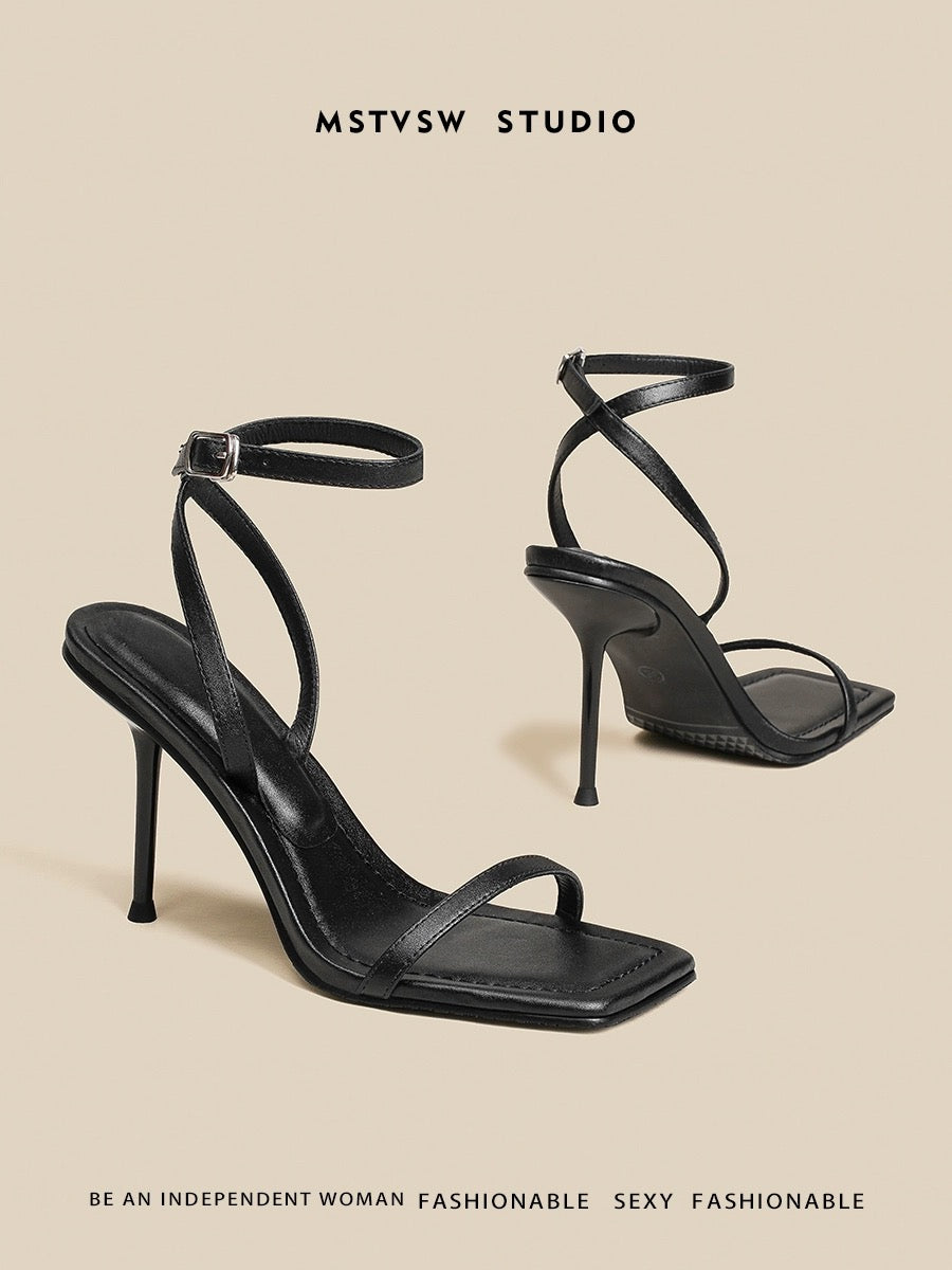 Yaguan Black Strap Sandals Women's 2024 Summer New Style Internet Celebrity Sexy Socialite Open Toe Stiletto High Heels