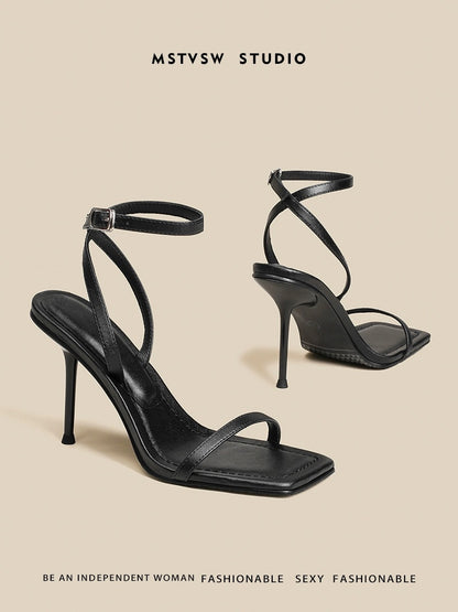Yaguan Black Strap Sandals Women's 2024 Summer New Style Internet Celebrity Sexy Socialite Open Toe Stiletto High Heels