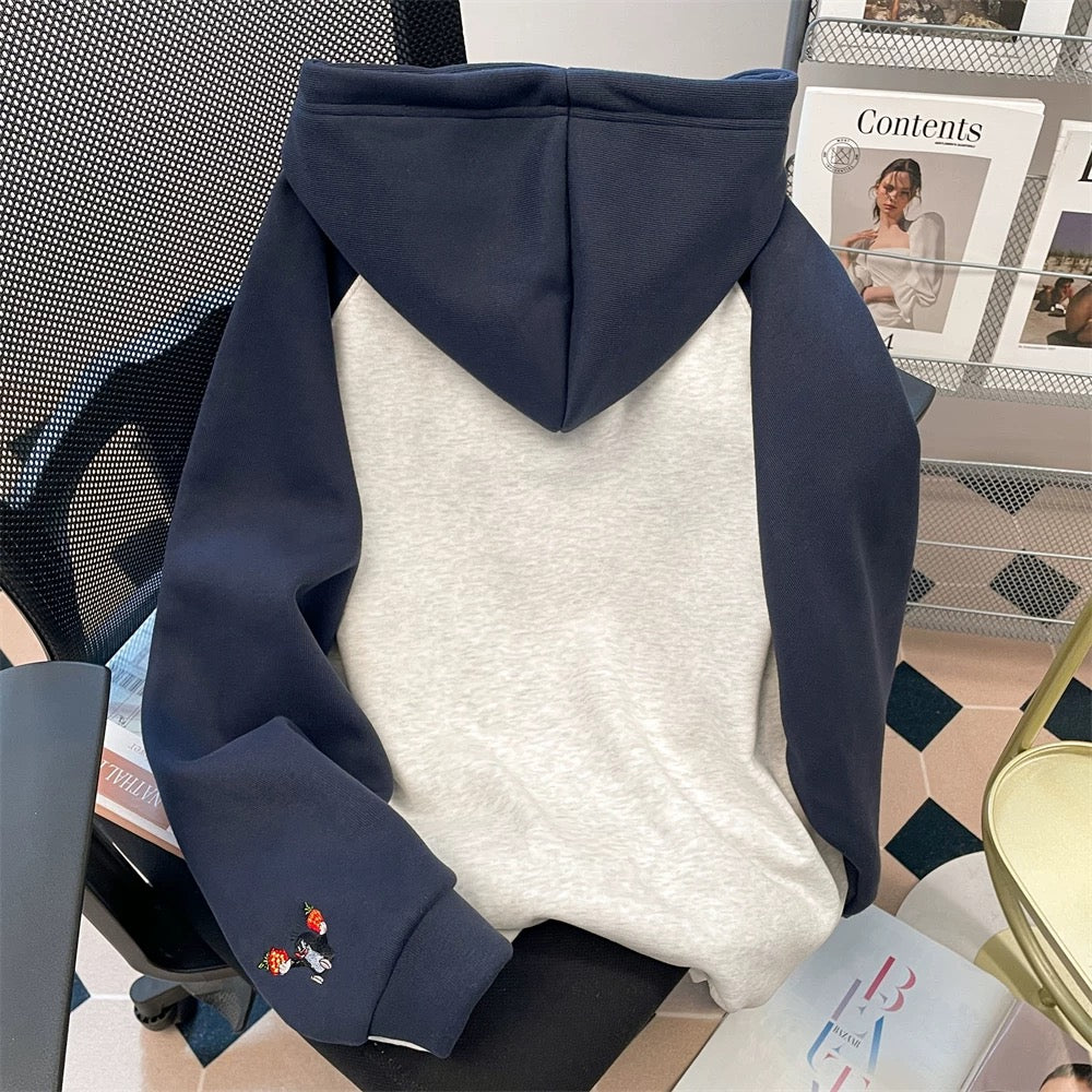 Autumn/Winter High-End Embroidered Color-Blocked Hooded Sweatshirt for Petite Women, Super Cute, Fleece-Lined and Thickened, Jimo Top/Outerwear