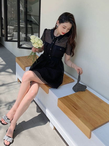 Hand-beaded plaid lace slim-fitting short black Hepburn dress high-end heavy-duty sexy little black dress