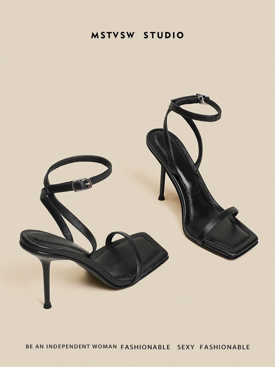 Yaguan Black Strap Sandals Women's 2024 Summer New Style Internet Celebrity Sexy Socialite Open Toe Stiletto High Heels