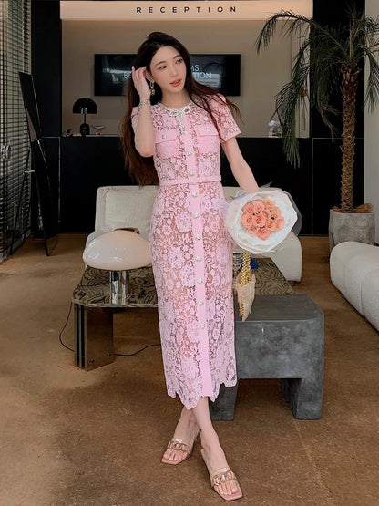 Lotus pink lace luxury bow round neck short-sleeved long skirt high-end French style dress that covers the body and looks slimming
