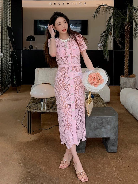 Lotus pink lace luxury bow round neck short-sleeved long skirt high-end French style dress that covers the body and looks slimming