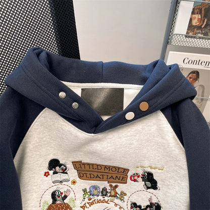Autumn/Winter High-End Embroidered Color-Blocked Hooded Sweatshirt for Petite Women, Super Cute, Fleece-Lined and Thickened, Jimo Top/Outerwear