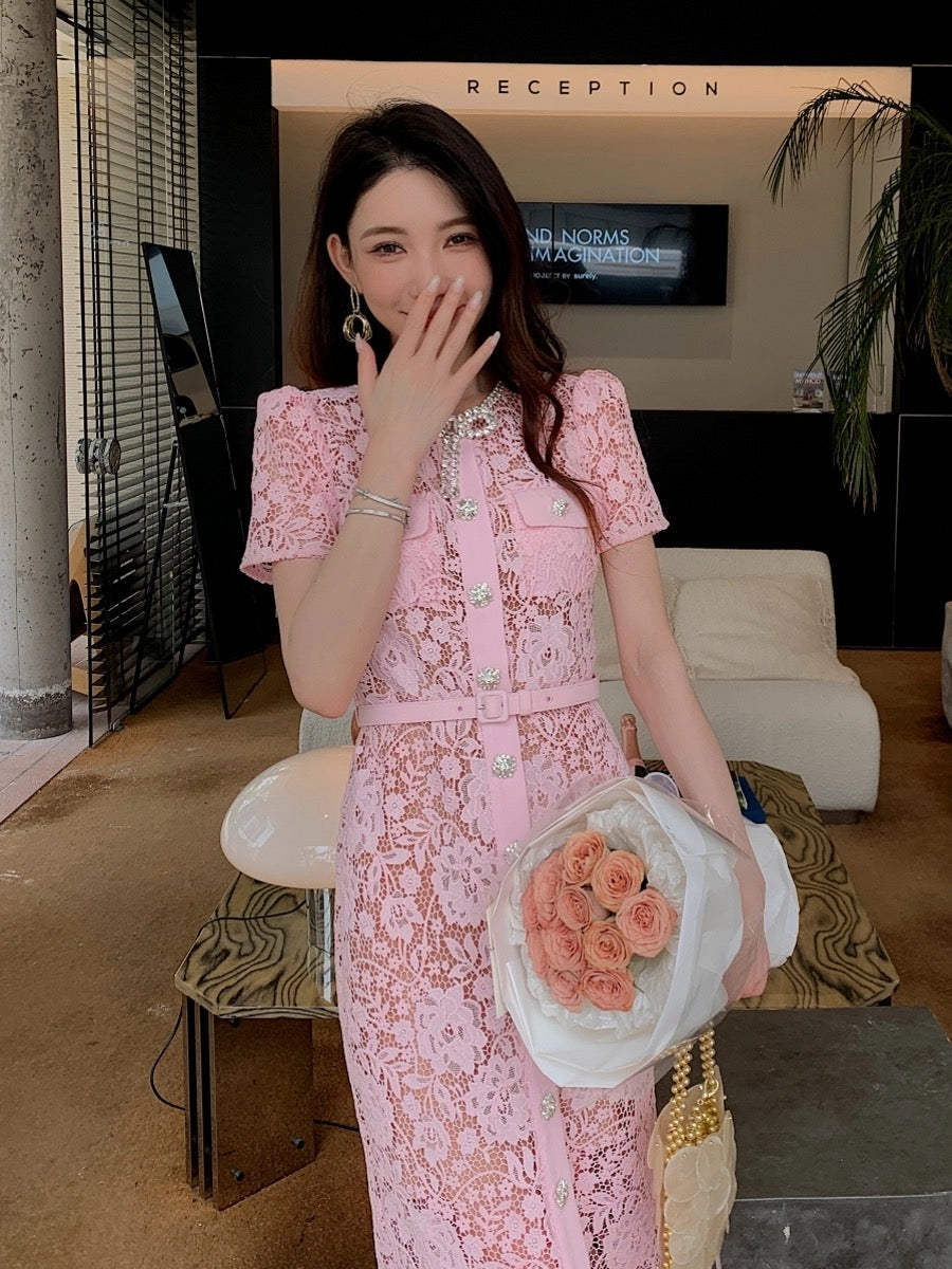 Lotus pink lace luxury bow round neck short-sleeved long skirt high-end French style dress that covers the body and looks slimming