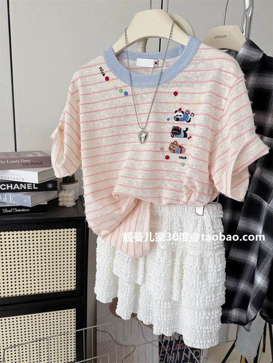 Lightweight and breathable ~ Contrast color puppy embroidery simple contrast color top classic stripes versatile summer women's short-sleeved T-shirt