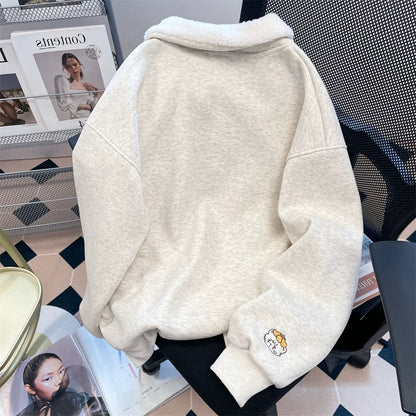 Petite women's unique polo collar sweatshirt with cat embroidery, stylish and cute design, perfect for autumn and winter. Fleece lining.