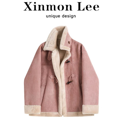 XinmonLee retro loose lambswool coat women's autumn and winter new thickened fur one-piece plush top